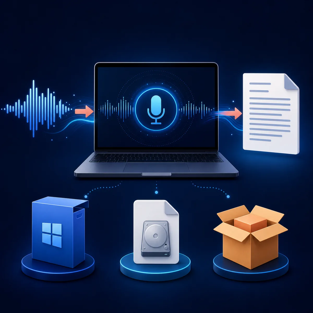 Editorial illustration of choosing a desktop package before local transcription